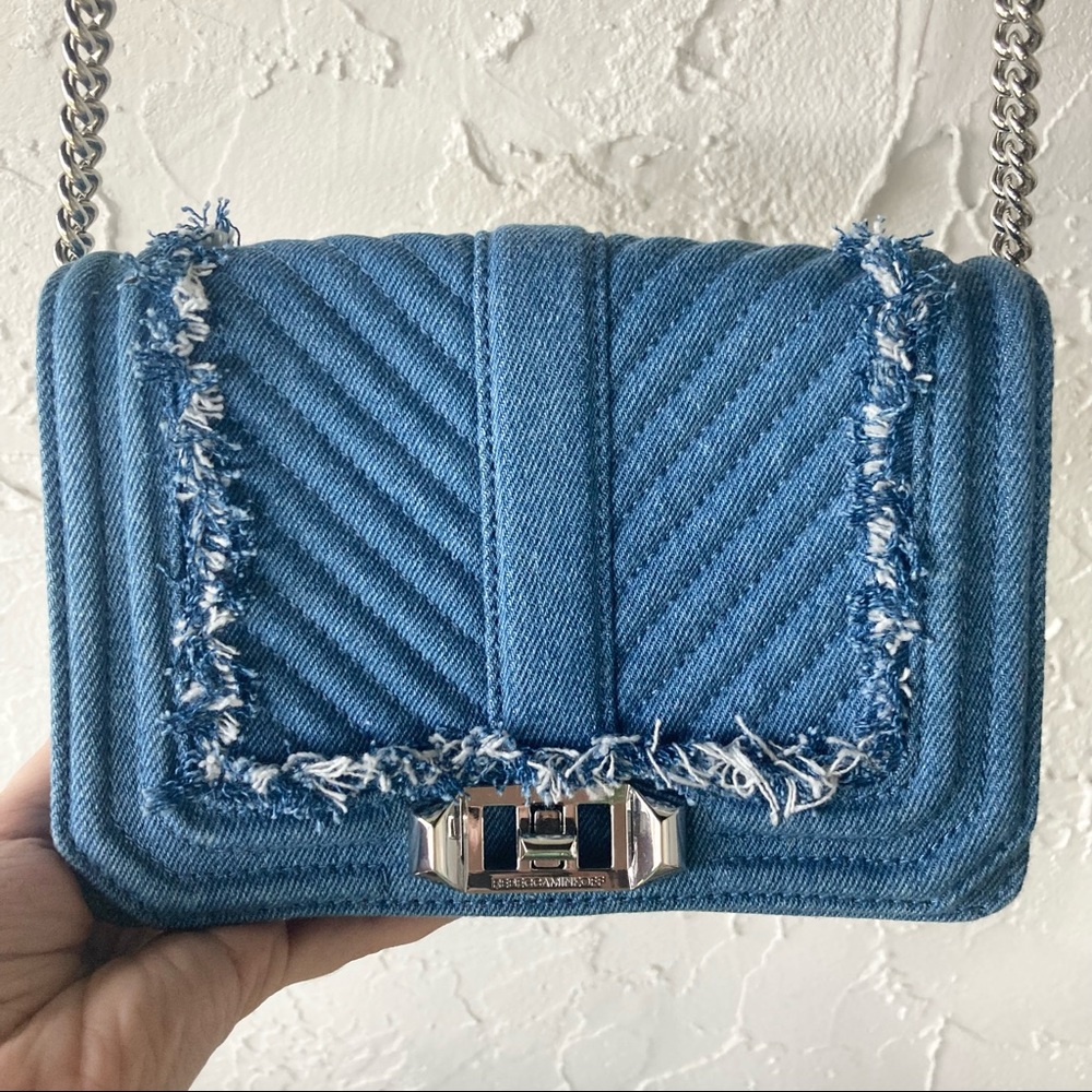 Rebecca Minkoff Love Crossbody Denim Purse Quilted Fray